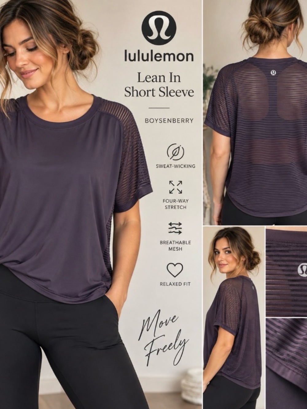 Lululemon Lean In Short Sleeve Boysenberry Sheer Mesh Top